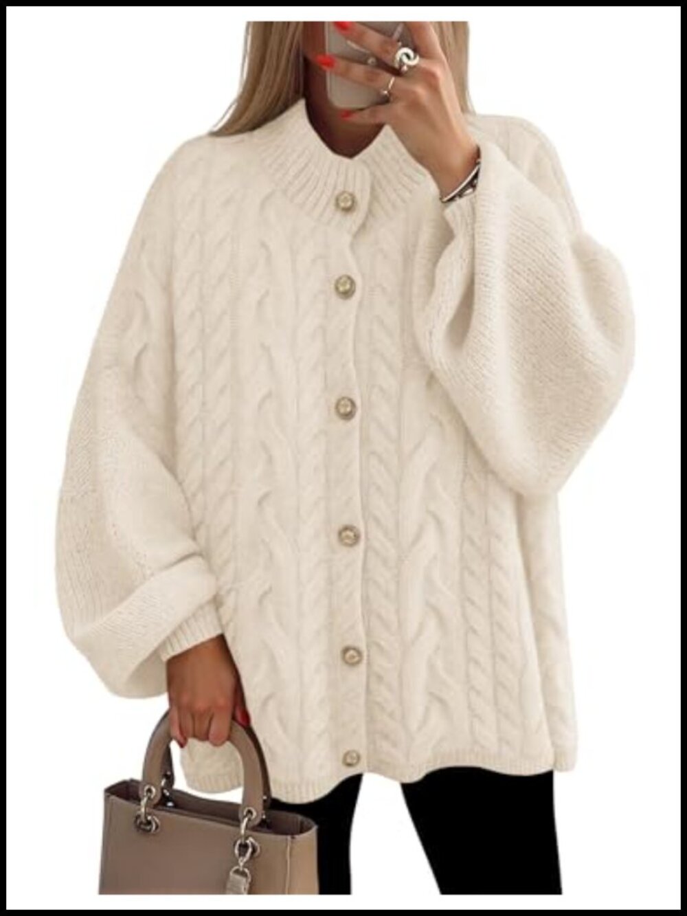 Oversized Long Lantern Sleeve Chunky Knit Cardigan Sweater Open Front - Picture 1 of 6